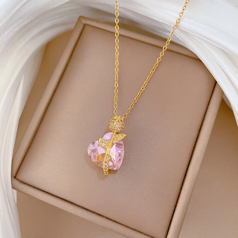 Pink Heart Rose Pendant Necklace for Women Stainless Steel Minimalist Elegant Collarbone Chain with Rhinestone Accents