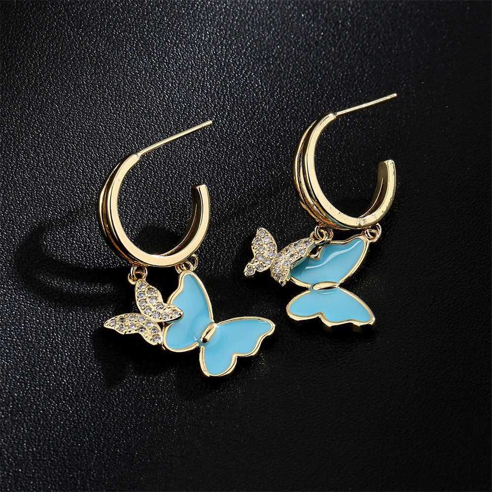 Minimalist Butterfly Earrings in Copper with 18K Gold Plating and Zircon Inlay