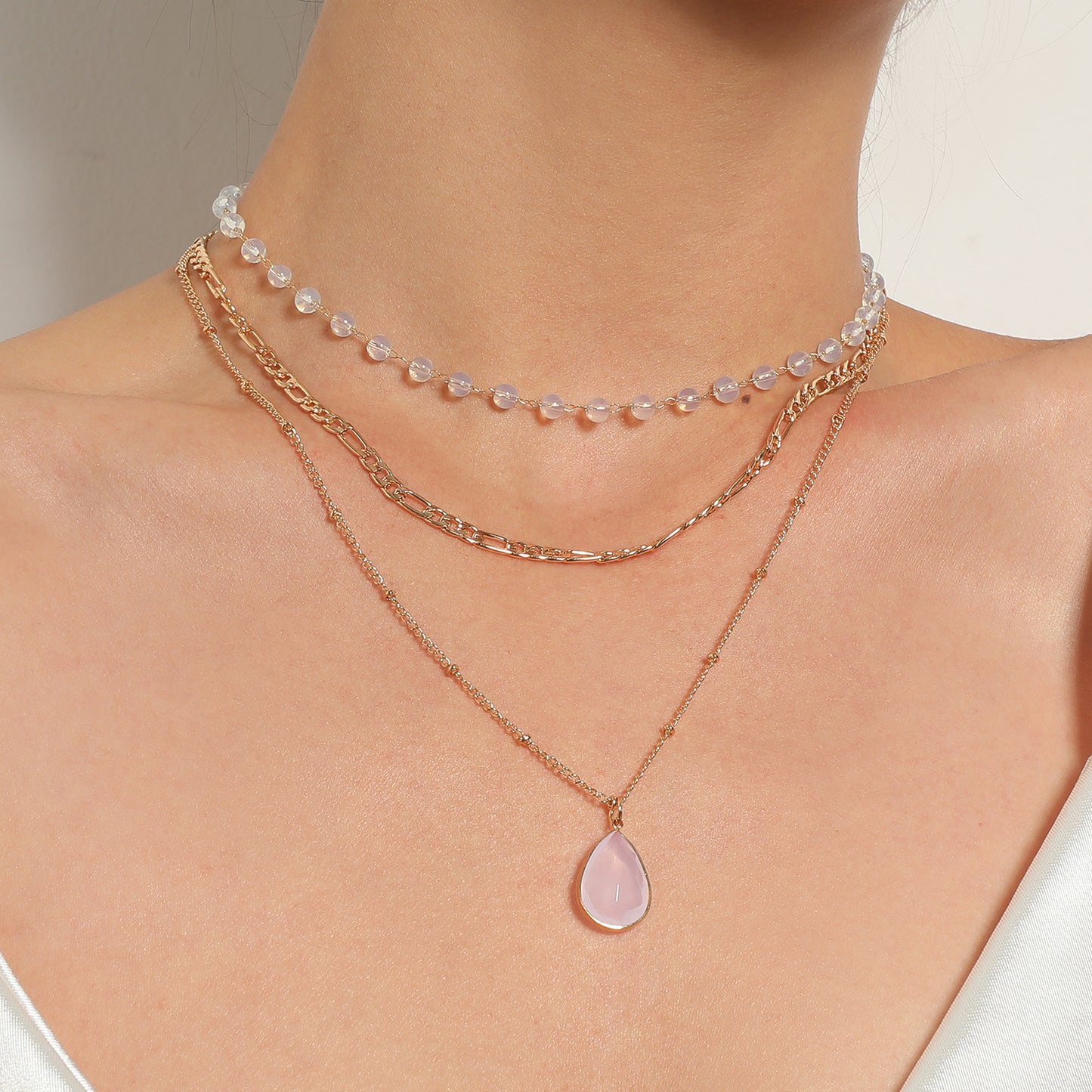 Geometric Mother-of-Pearl Pendant Necklace with Alloy Chain, Electroplated Finish, Adjustable Triple Strand Design
