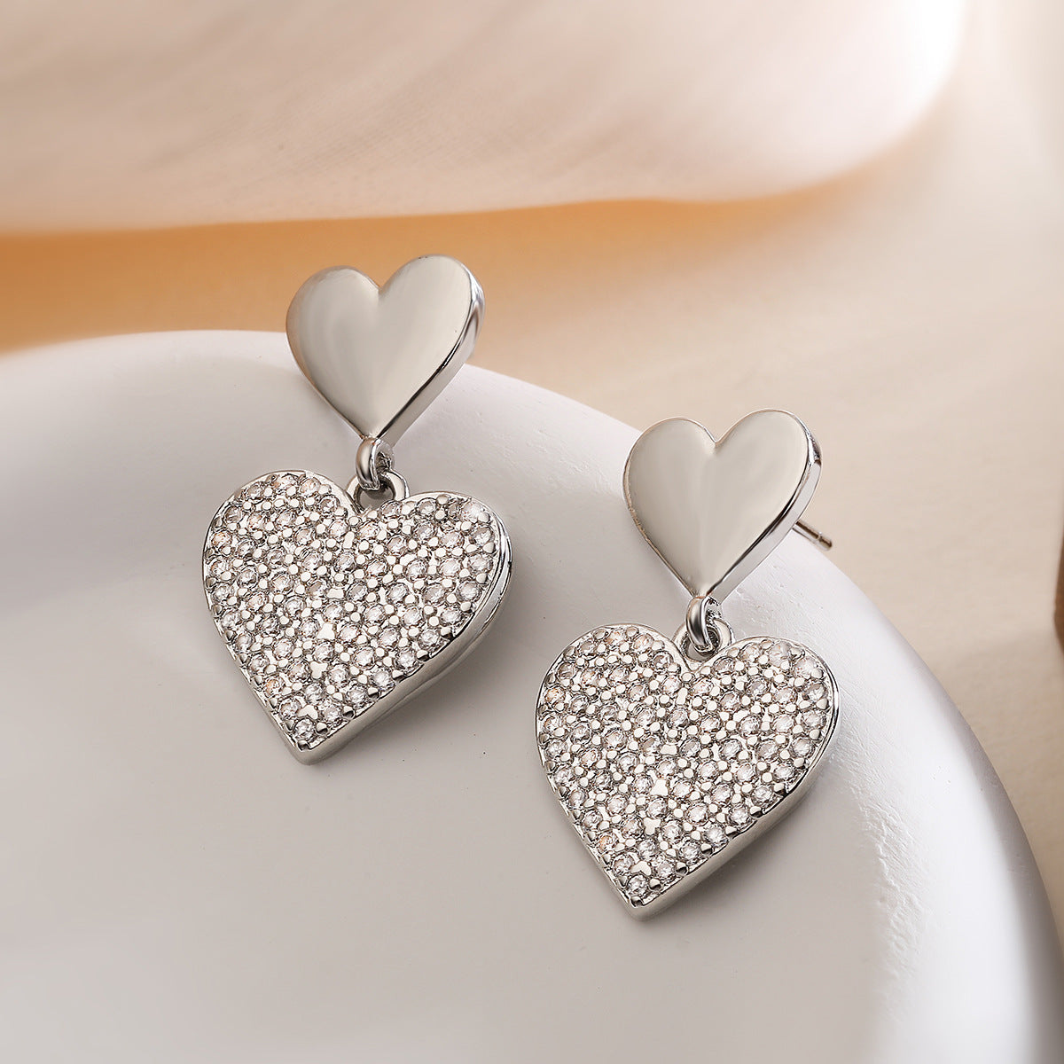 Minimalist Irregular Geometric Earrings for Women with Micro-Pave Zirconia in Copper, Heart-Shaped Accent