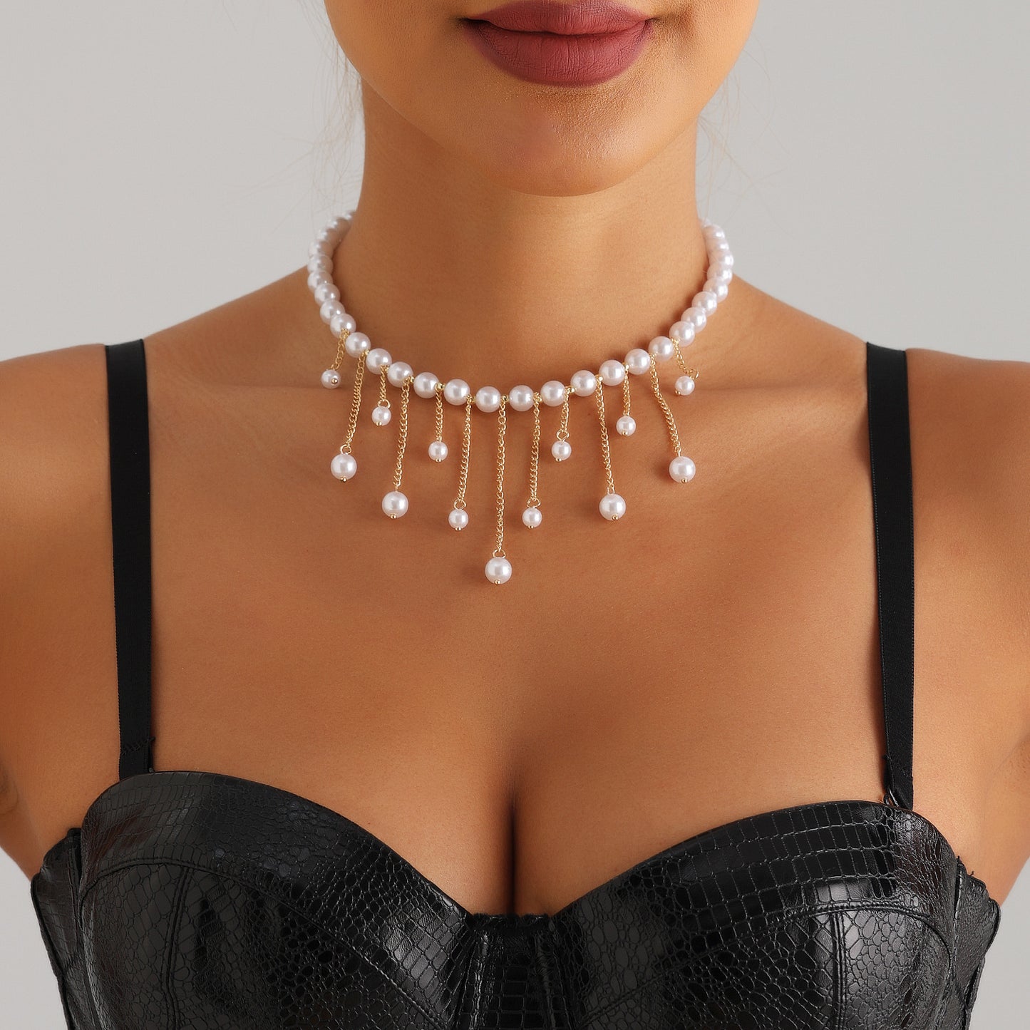 Elegant Handmade Beaded Long Pendant Necklace with Tassel Chain for Women Alloy Geometric Design Electroplated Finish
