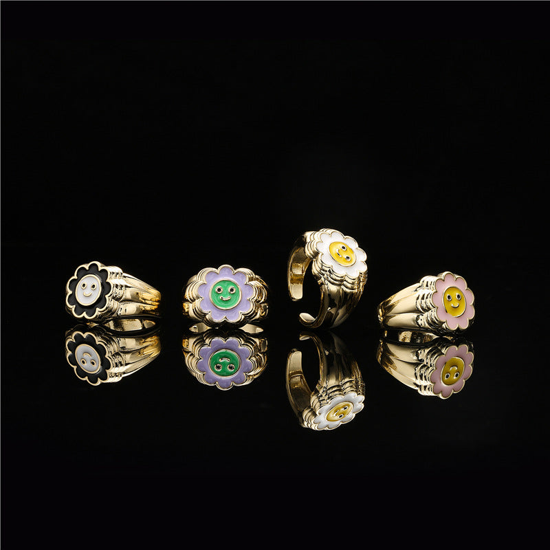 Cute Geometric Drip Oil Gold Plated Brass Sunflower Smile Open Ring for Women