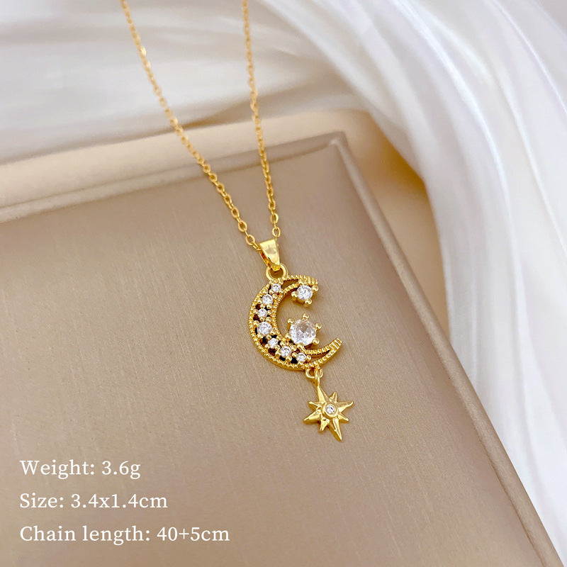 Collana con ciondolo di lusso Luna e Stella da donna e uomo con catena in acciaio al titanio, intarsio di strass, design geometrico, lunghezza regolabile 21-50 cm
