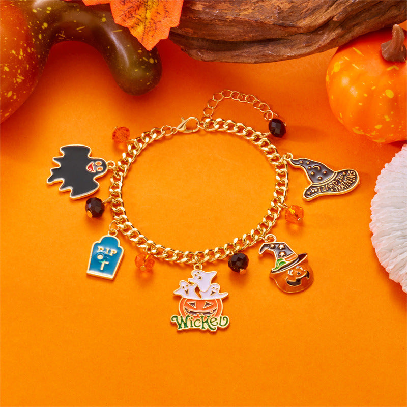 Pulsera con colgante de calabaza, murciélago y fantasma con temática de Halloween para mujer, diseño geométrico de aleación, regalo festivo