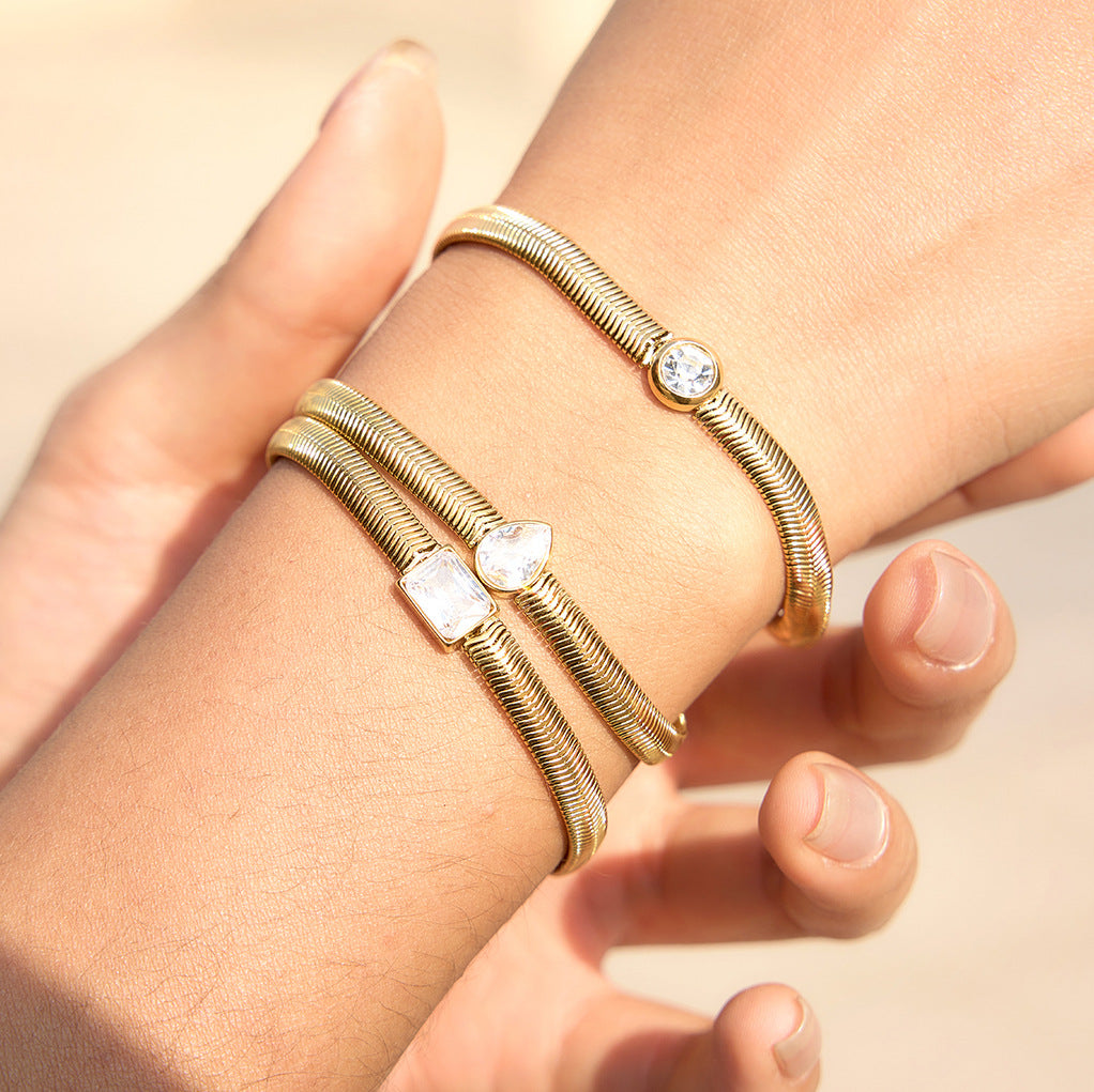 Elegant Geometric Stainless Steel Cubic Zirconia Snake Chain Bracelet for Women