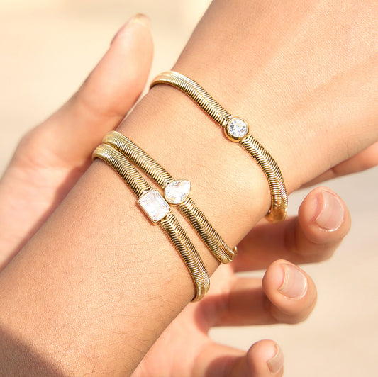 Elegant Geometric Stainless Steel Cubic Zirconia Snake Chain Bracelet for Women