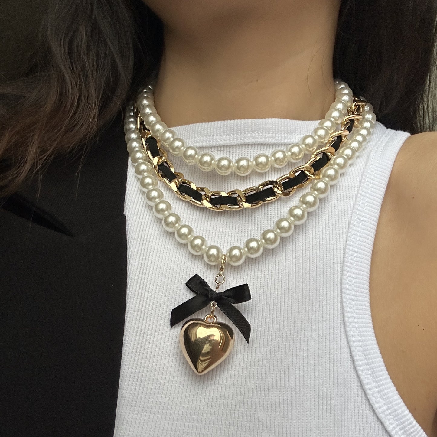 Fashion Heart Alloy Pendant Pearl Fabric Beaded Necklace Set for Women