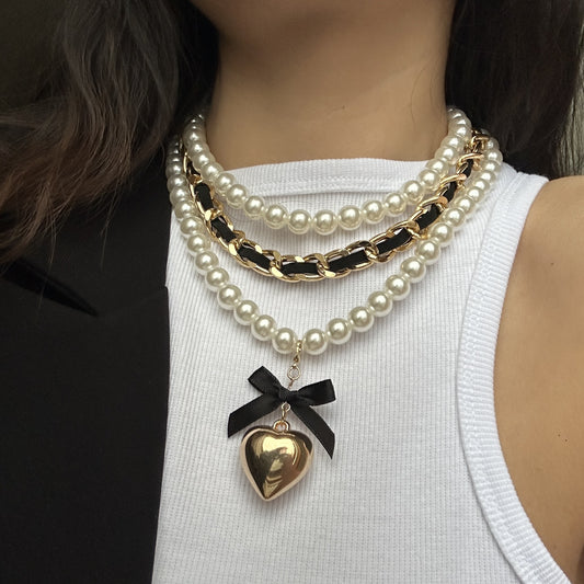 Juego de collar con dije de aleación en forma de corazón, perlas y tela, para mujer