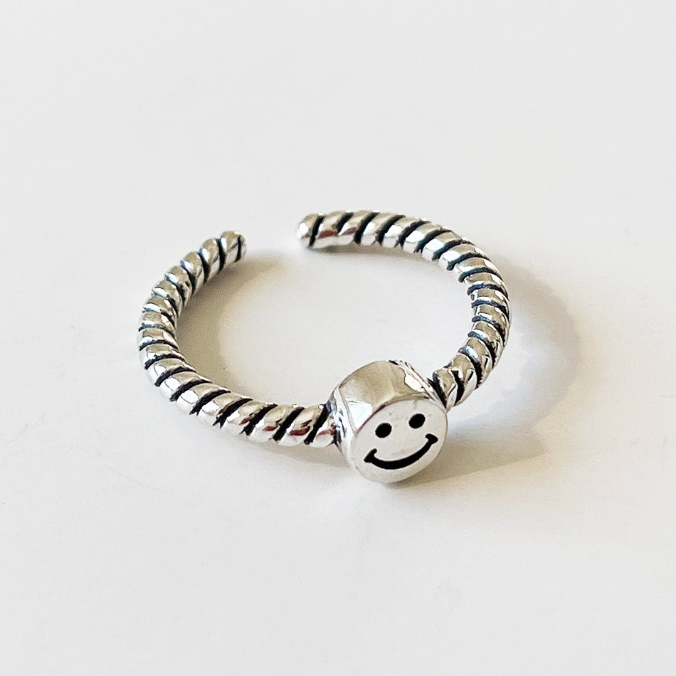 Anello lucido in argento sterling 925 vintage a forma di sorriso geometrico