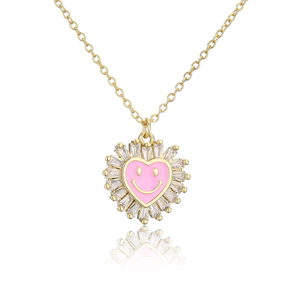 Cute Heart-Shaped Copper Pendant Necklace with Micro-Paved Zirconia and Enamel Smile Design