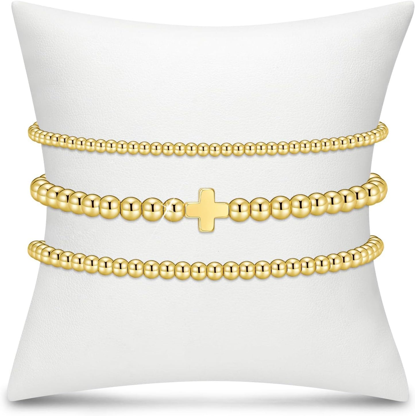 Gold Plated Hematite Cross Beaded Stretch Bracelet Set