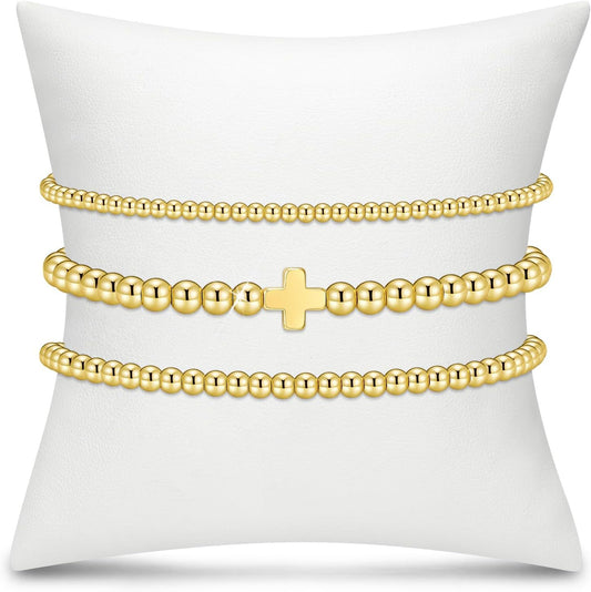 Gold Plated Hematite Cross Beaded Stretch Bracelet Set