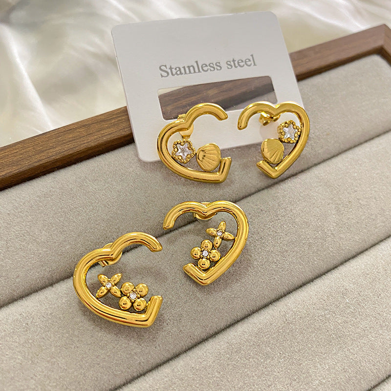 Minimalist Sweet Gold Plated Brass Hollow Heart Shell Stud Earrings