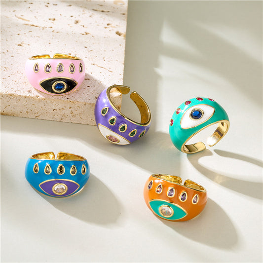 Fashion Geometric Drip Oil Gold Plated Brass Ring with Eye Design for Women