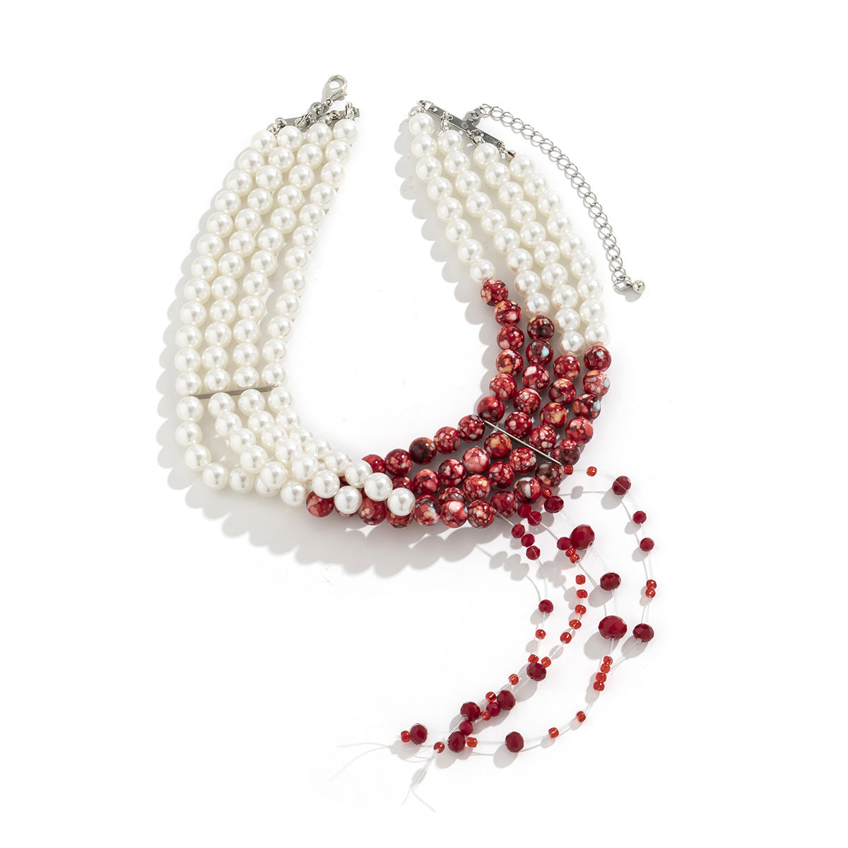 Collana vintage gotica multistrato con perle e nappe, ciondolo con strass e finitura placcata, da donna