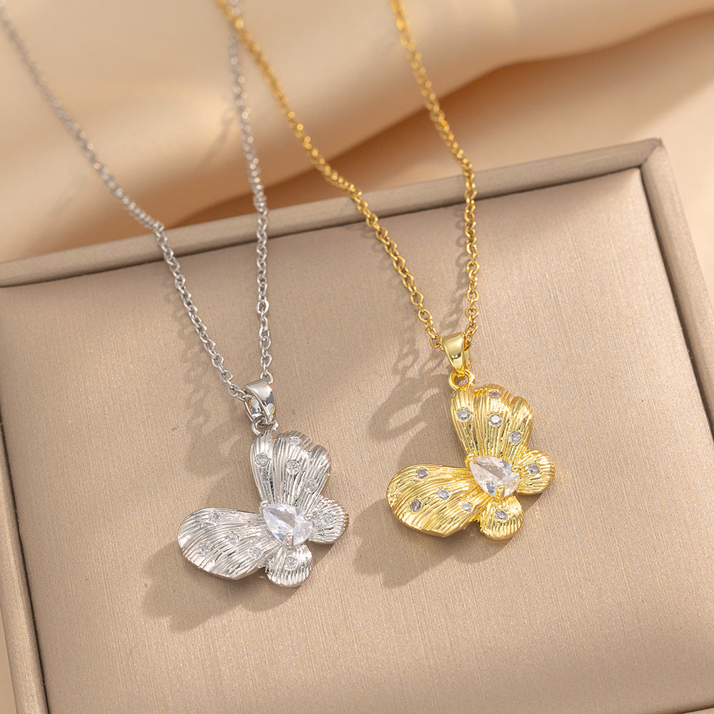 Minimalist Butterfly Pendant Necklace for Women in Brushed Titanium Steel with Rhinestone Inlay and Plated Finish