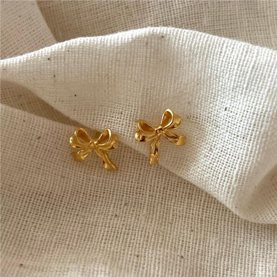 Minimalist Bow Knot Stud Earrings for Women in 925 Sterling Silver with Gold Plating