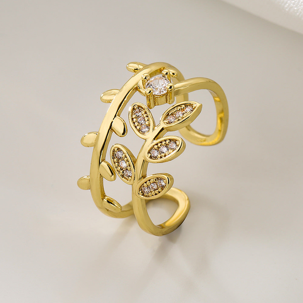 Anello Aperto Geometrico da Donna in Rame con Placcatura Oro 18K e Intarsio di Zirconi, Gioiello da Mano Irregolare e di Tendenza