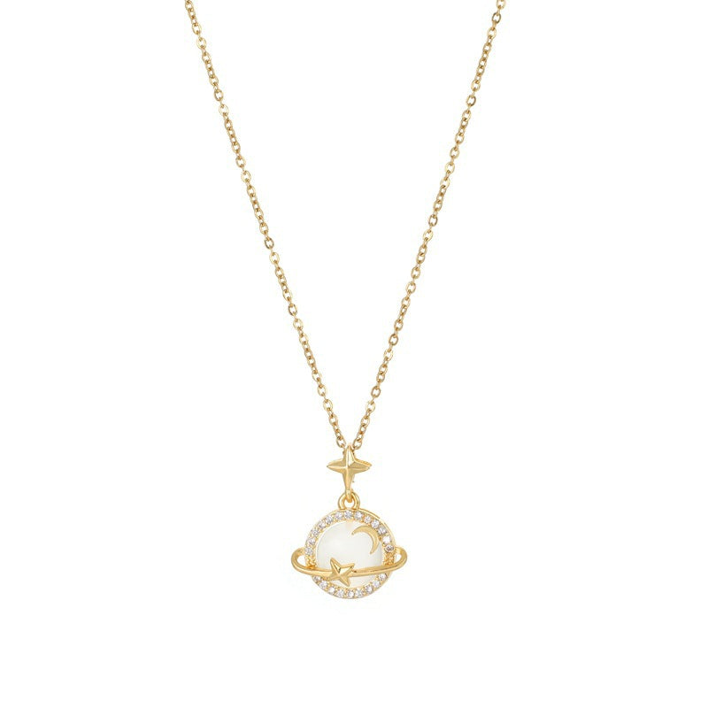 Minimalist Cat's Eye Stone Planet Pendant Necklace in Titanium Steel with Plated Finish for Women