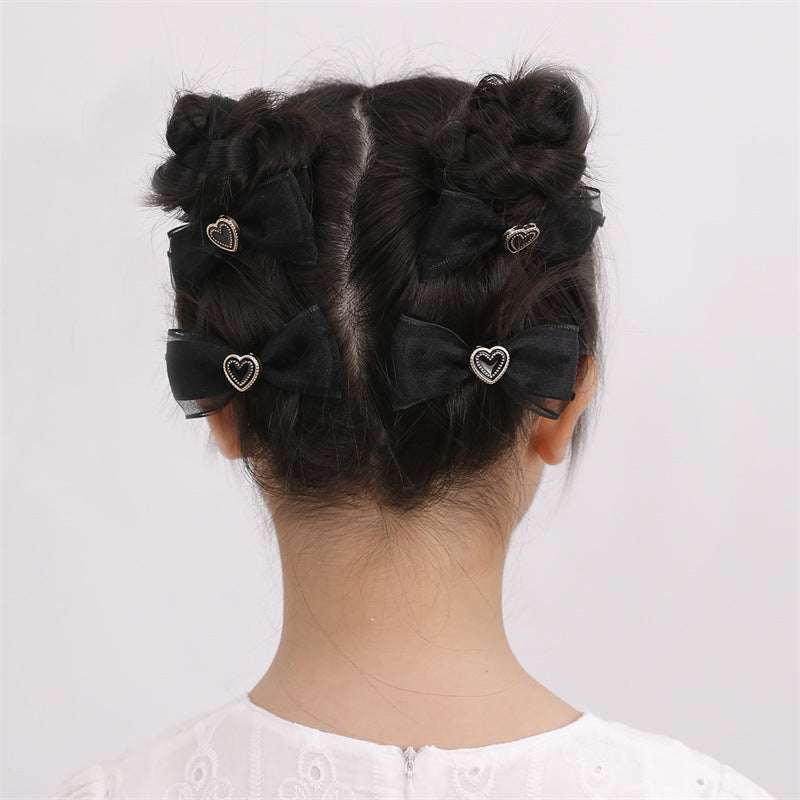 Set di 4 Fermagli per Capelli con Fiocco Nero per Bambine, Dolce e Audace, con Rete e Design a Cuore, Collezione di Accessori per Capelli