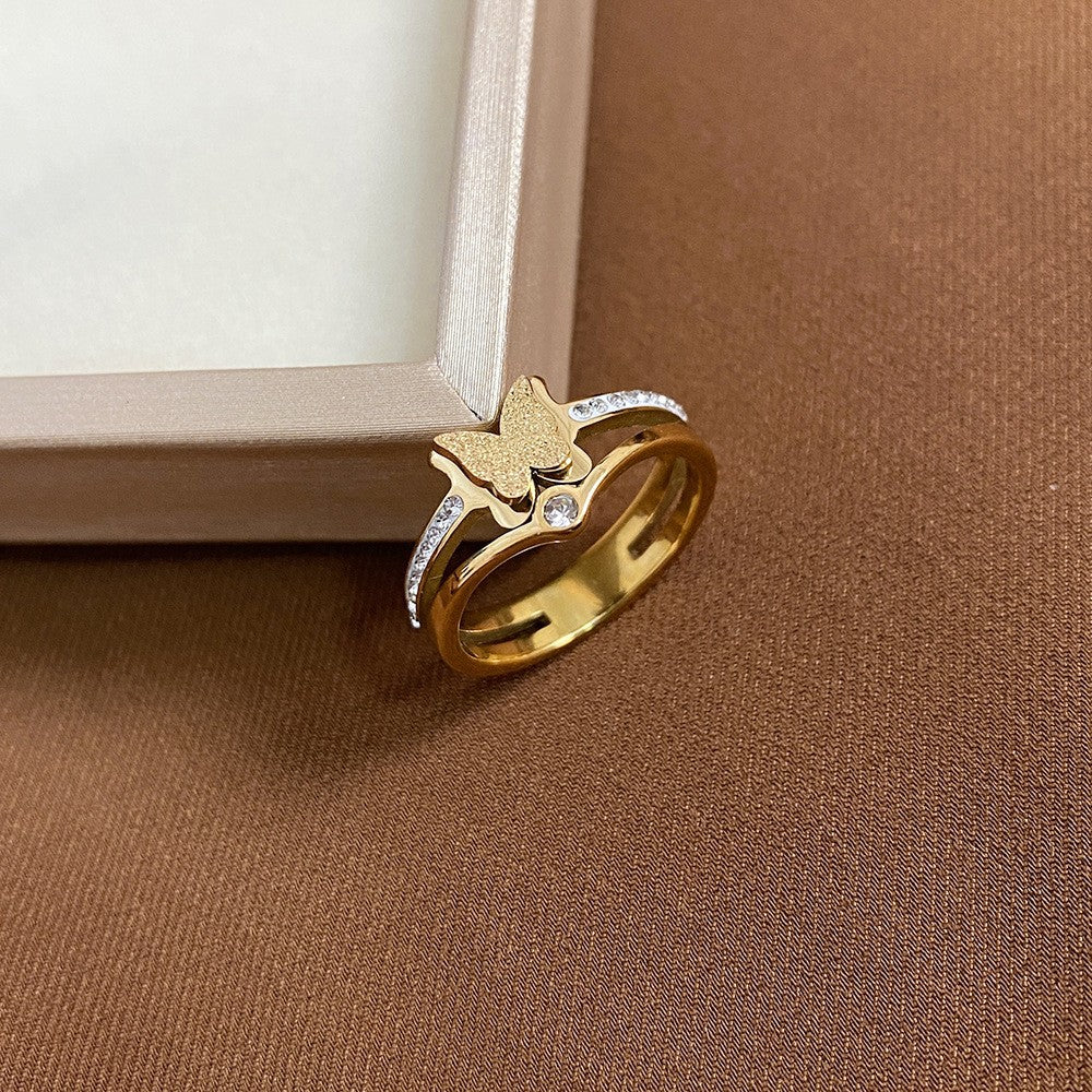 Minimalist Butterfly-Shaped Titanium Steel Ring with Rhinestone Inlay for Women and Men