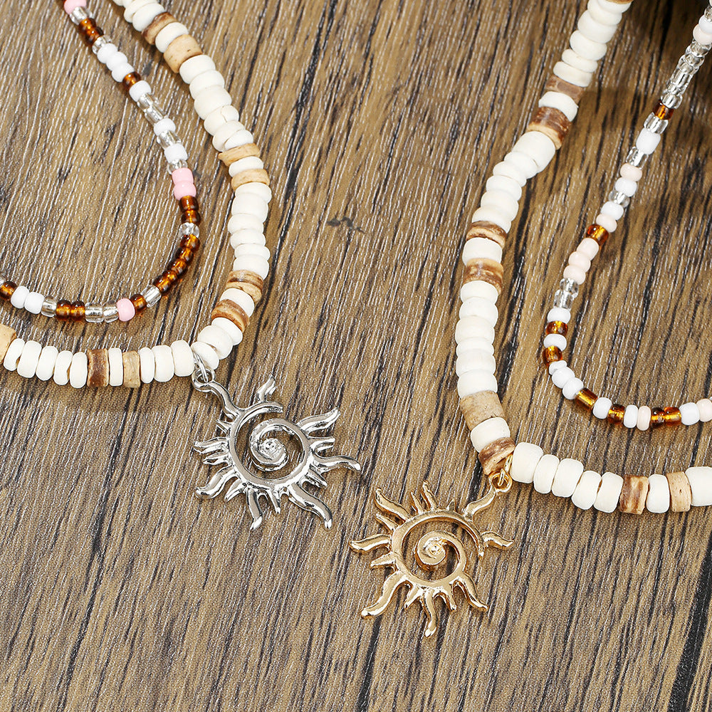 Casual Handmade Geometric Sun Alloy Pendant Coconut Shell Ball Chain Necklace Multi-layer Beach Vacation Jewelry