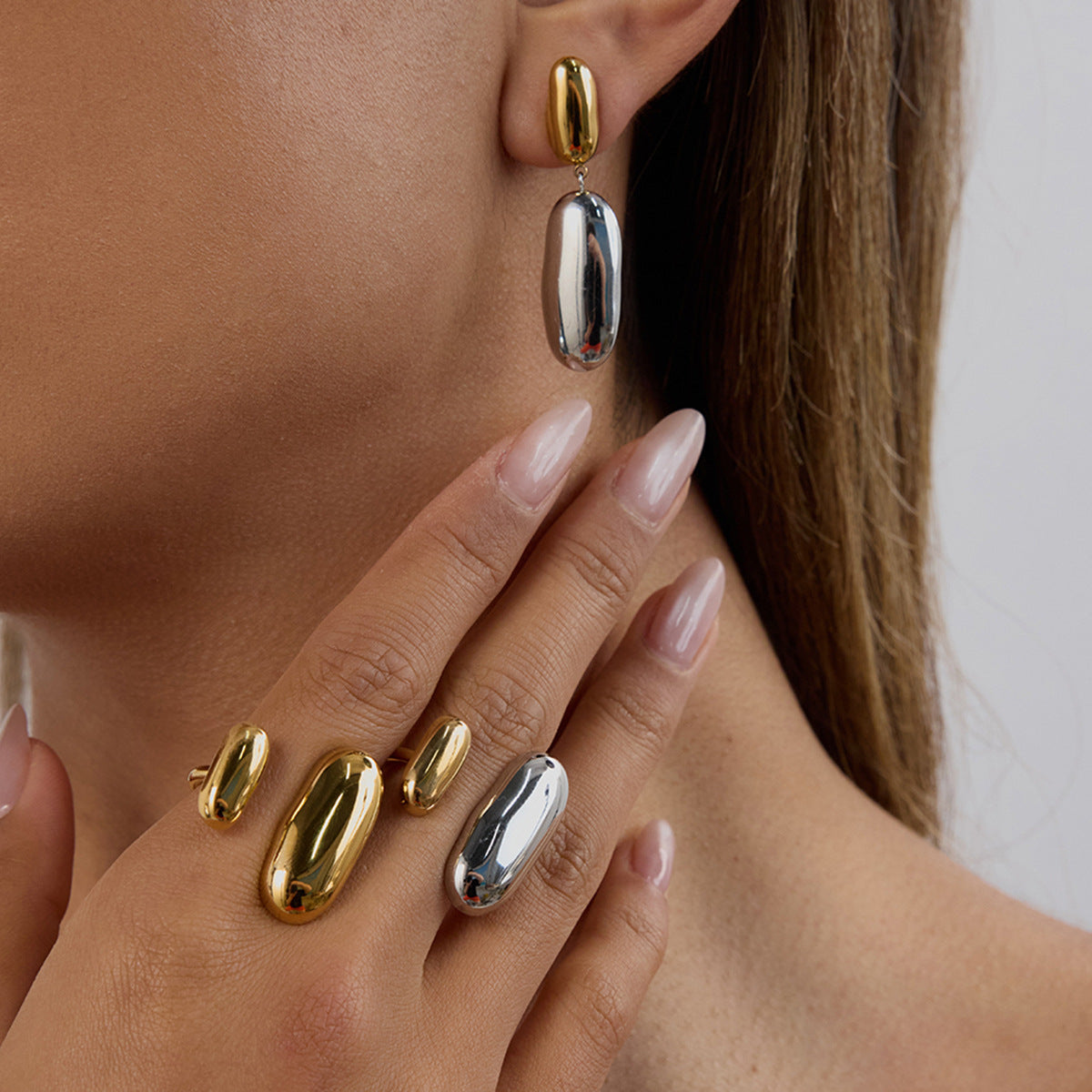Color Block Oval Geometric Stainless Steel and Titanium Steel Plated Earring and Ring Set for Women