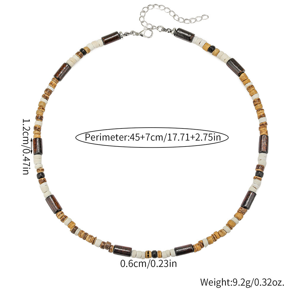 Bohemian Hip-hop Geometric Wood Bead Coconut Shell Stainless Steel Necklace for Men and Women