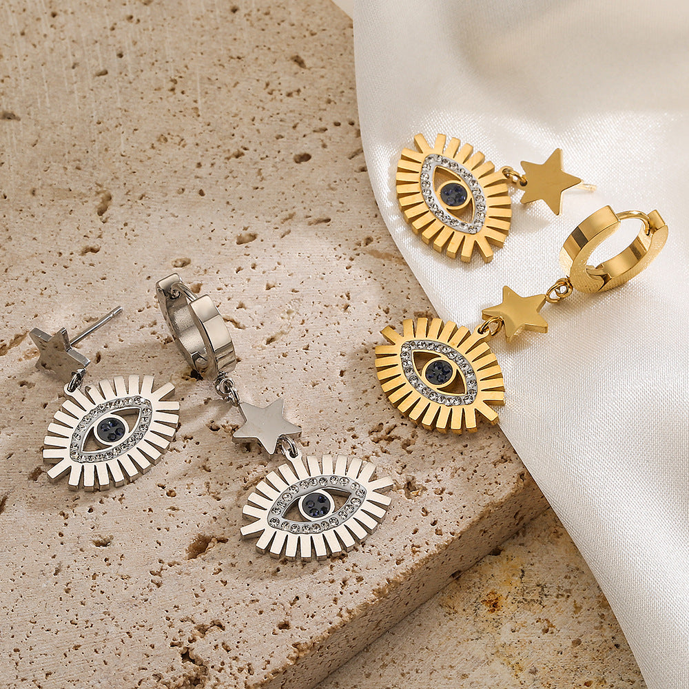 Vintage Geometric Titanium Steel Plated Evil Eye Star Pendant Earrings for Women
