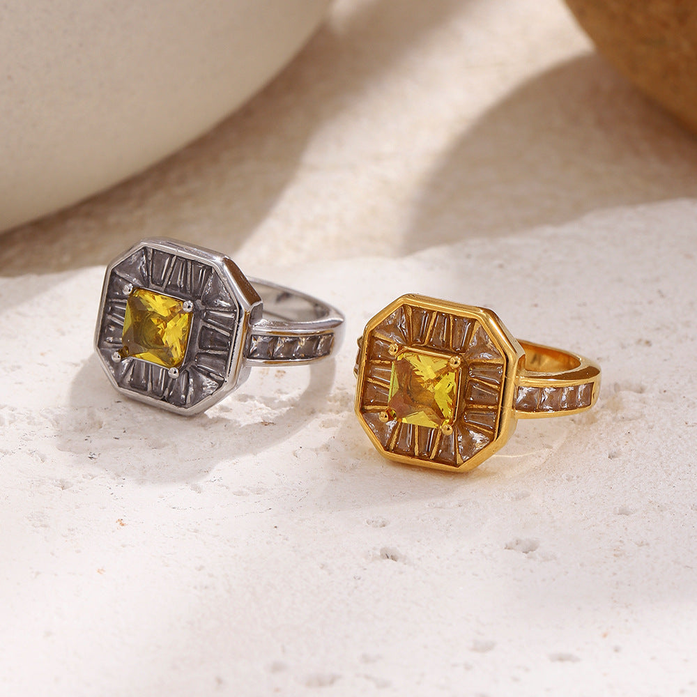 Vintage Elegant 18K Gold Plated Square Geometric Stainless Steel Ring with Full Cubic Zirconia for Women