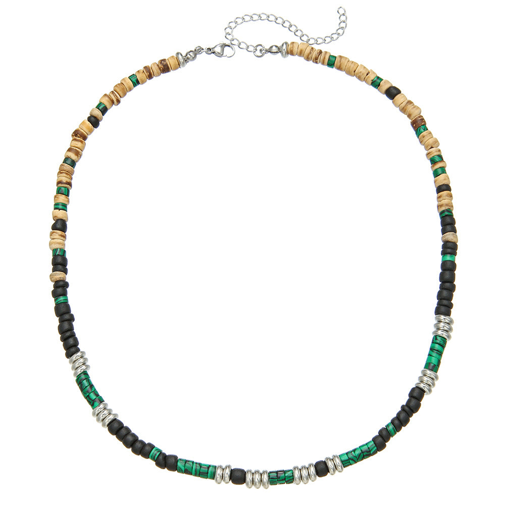 Geometric Round Wood Stainless Steel Ball Chain Necklace with Green Peacock Gemstone for Unisex