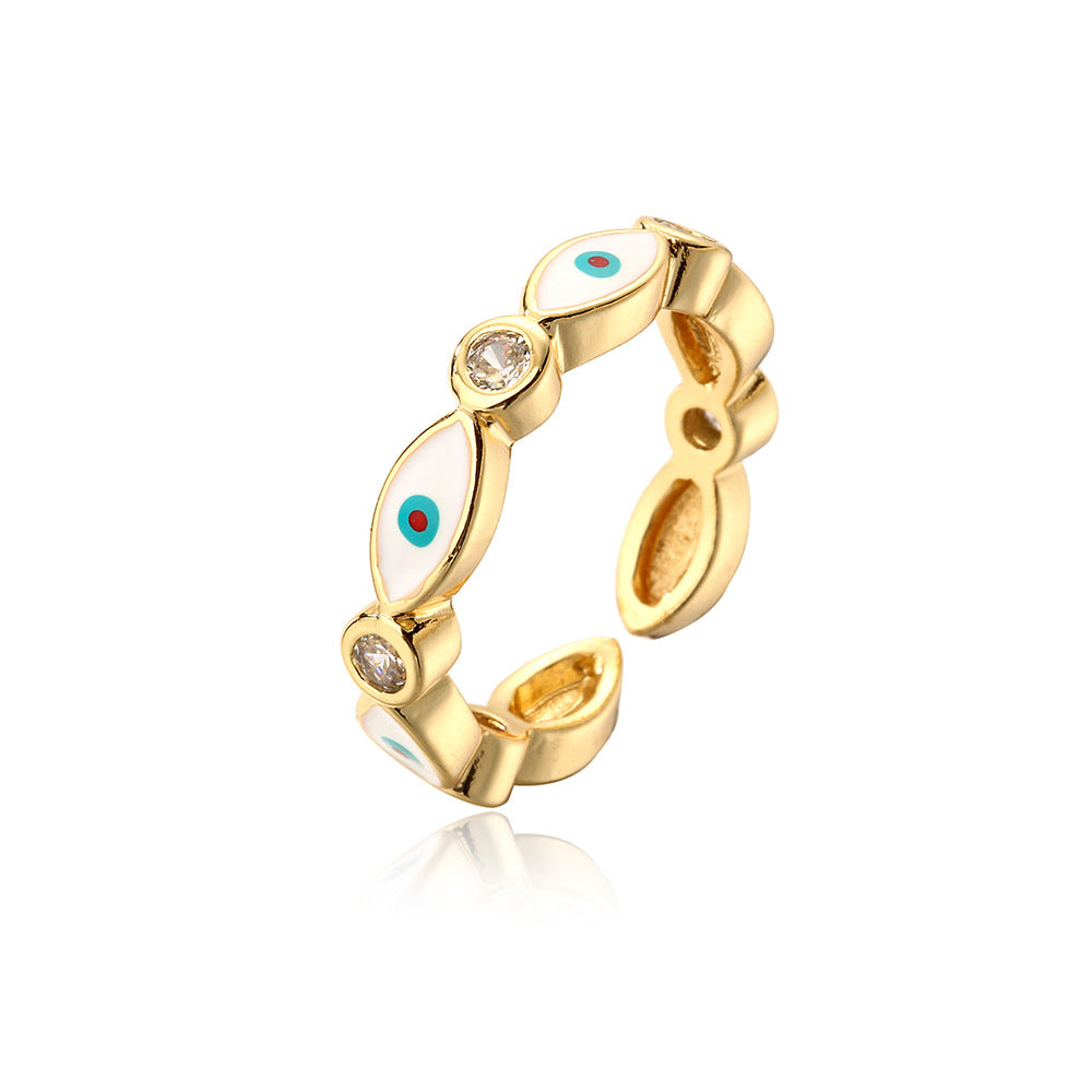 Minimalist Geometric Copper Ring with 18K Gold Plating and Enamel Eye Detail for Women