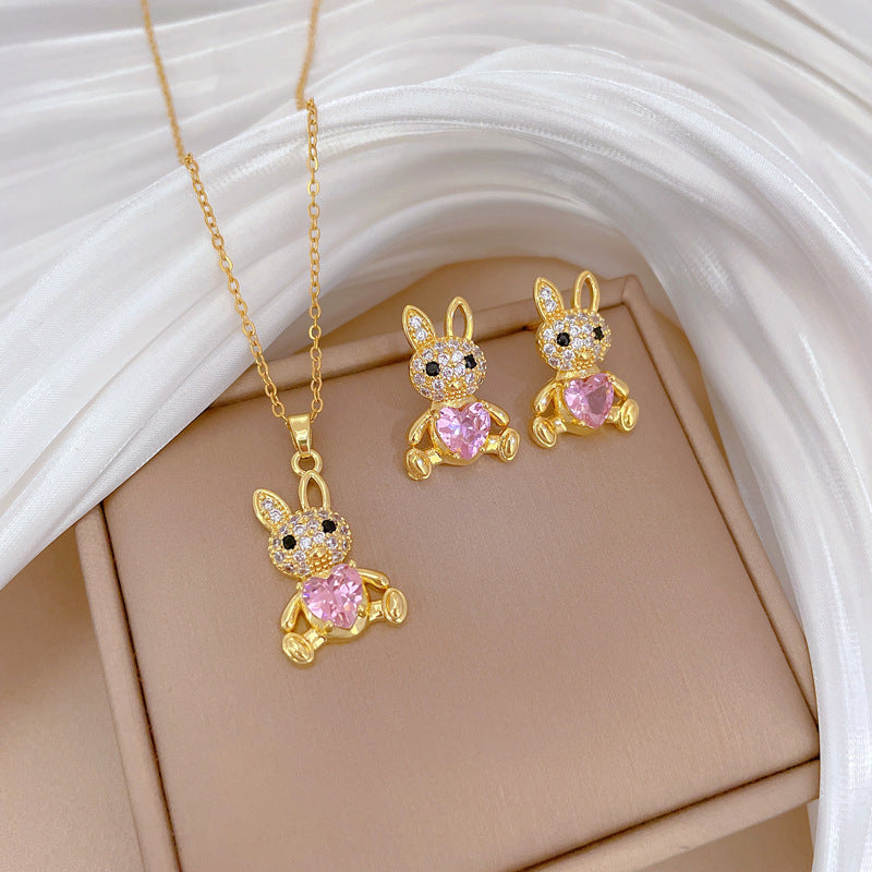 Sweet Elegant Geometric Rabbit Rhinestone Plated Titanium Steel Necklace and Earring Set for Women