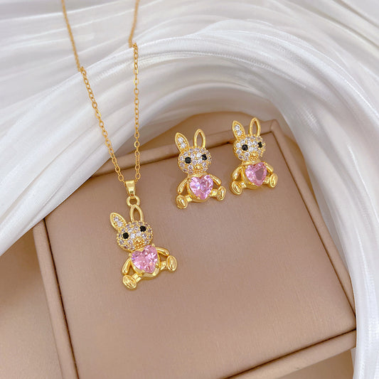 Sweet Elegant Geometric Rabbit Rhinestone Plated Titanium Steel Necklace and Earring Set for Women