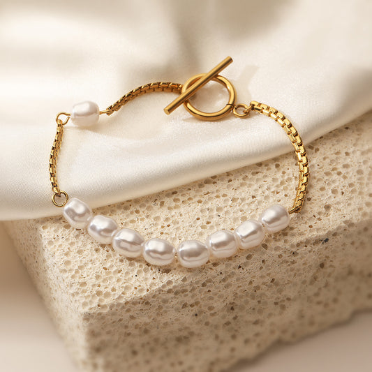 Elegante Bracciale Minimalista con Perle in Acciaio Inossidabile Placcato Oro 18K da Donna