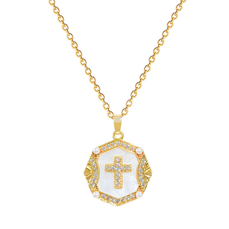 Collana minimalista con pendente a croce in acciaio al titanio con dettagli in perle e intarsio di strass da donna