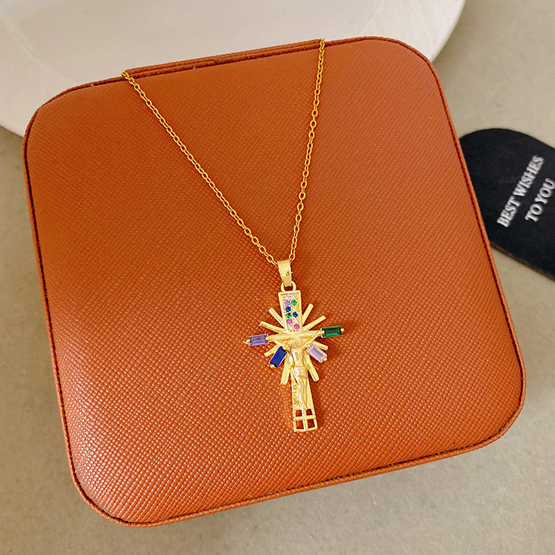 Sporty Sweet 18K Gold Plated Cross Titanium Steel Necklace with Cubic Zirconia for Women