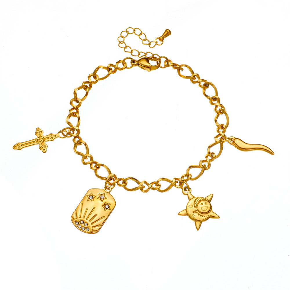 Fashionable Vintage Starfish Pendant Stainless Steel Bracelet for Women with Cross Motif and Plated Finish