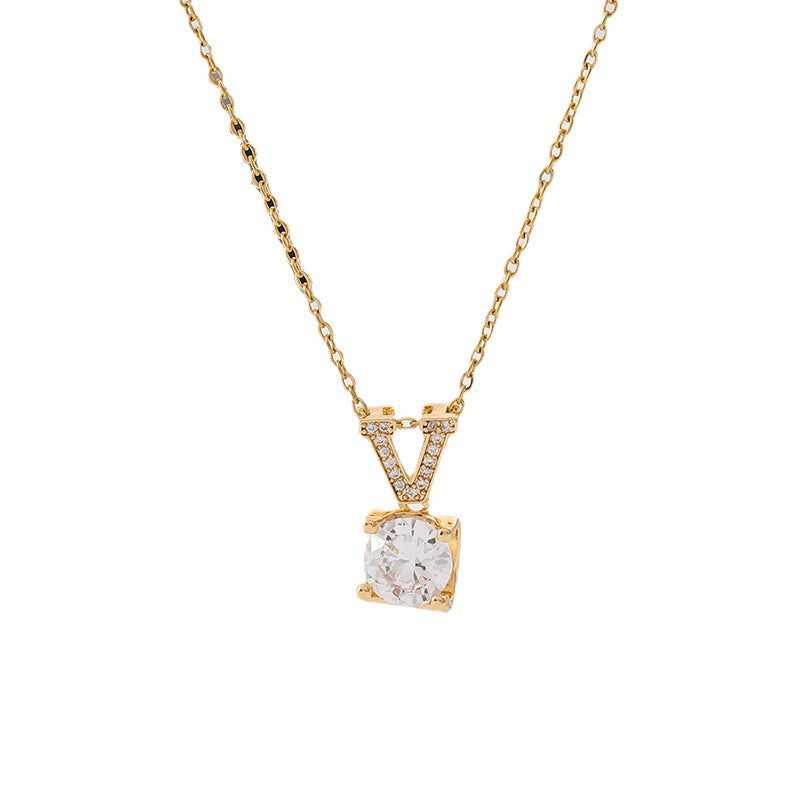 Minimalist Geometric Letter Pendant Necklace in Titanium Steel with Rhinestone Inlay and Plated Finish
