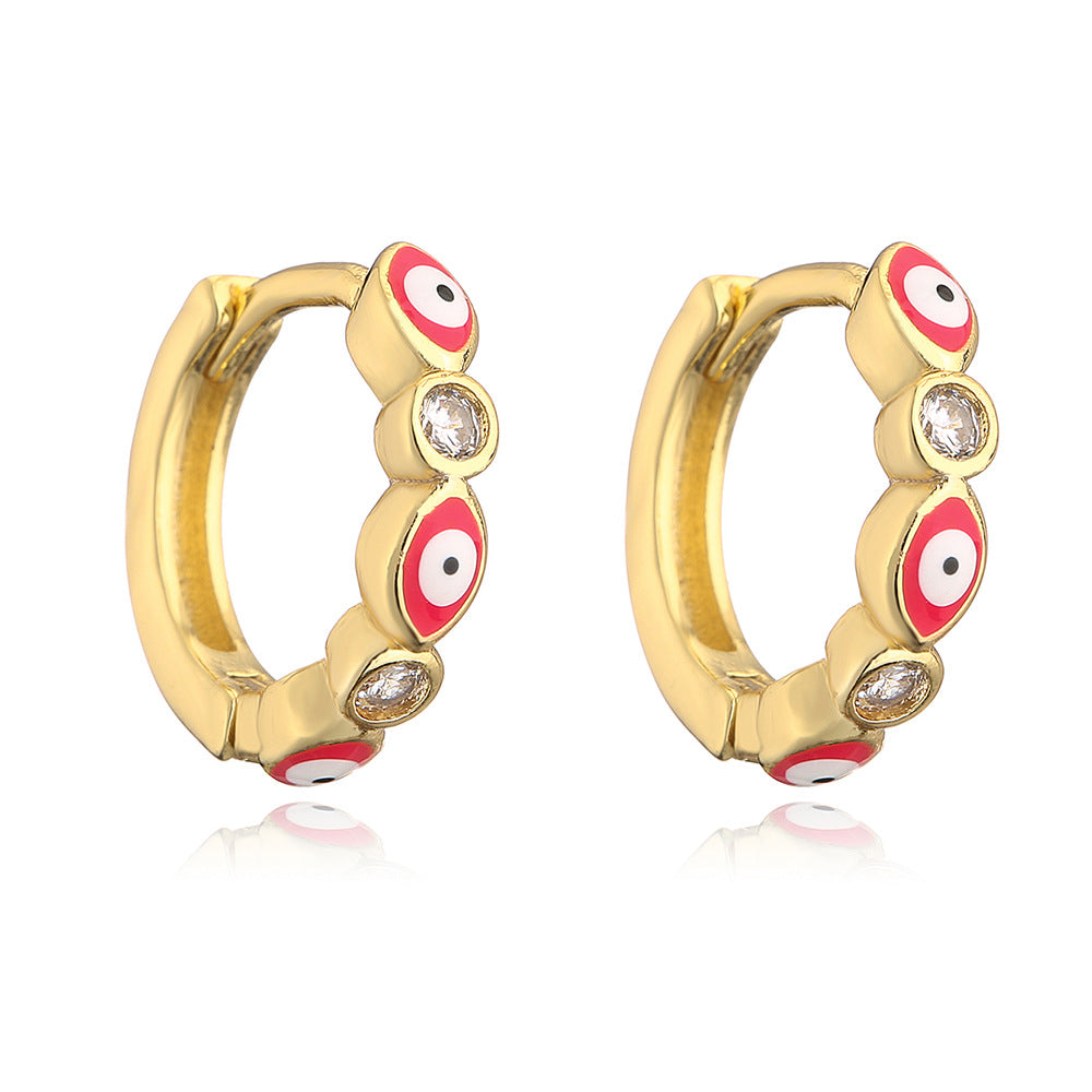 Orecchini a Cerchio Geometrici Minimalisti in Rame con Placcatura in Oro 18K e Design a Occhio di Allah in Zirconia Smaltata per Donna