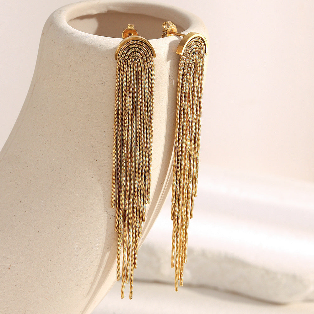 Minimalist Modern Geometric Stainless Steel 18K Gold Plated Long Tassel Earrings for Women