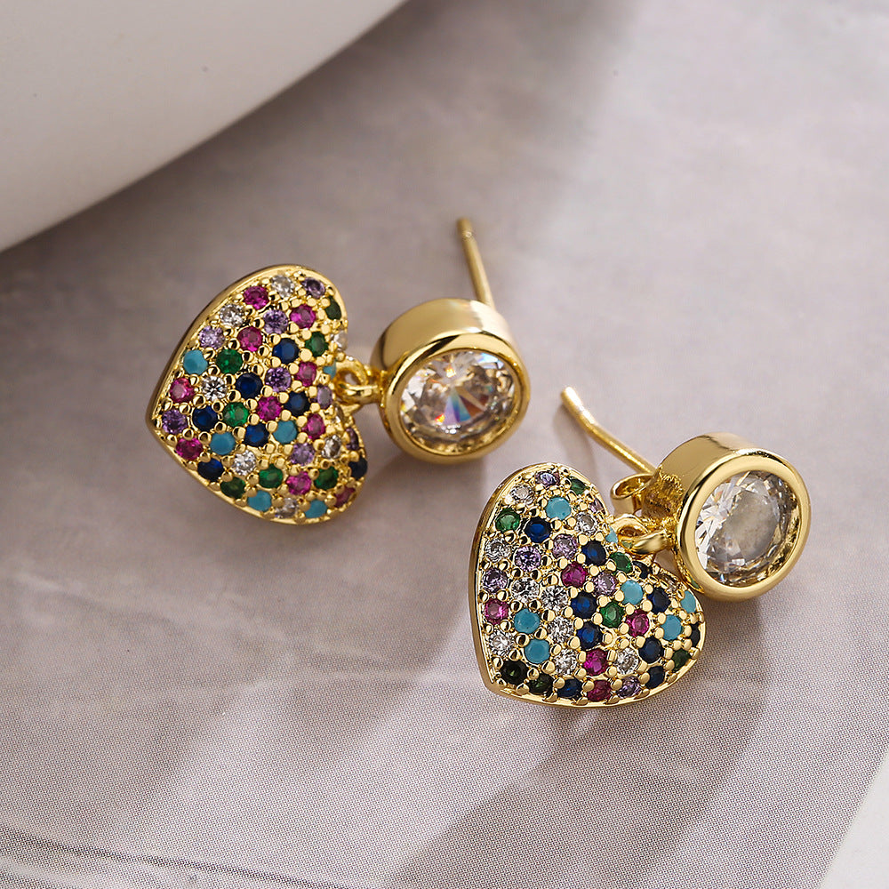 Minimalist Heart-Shaped Copper Earrings with 18K Gold Plating and Zircon Accents for Women