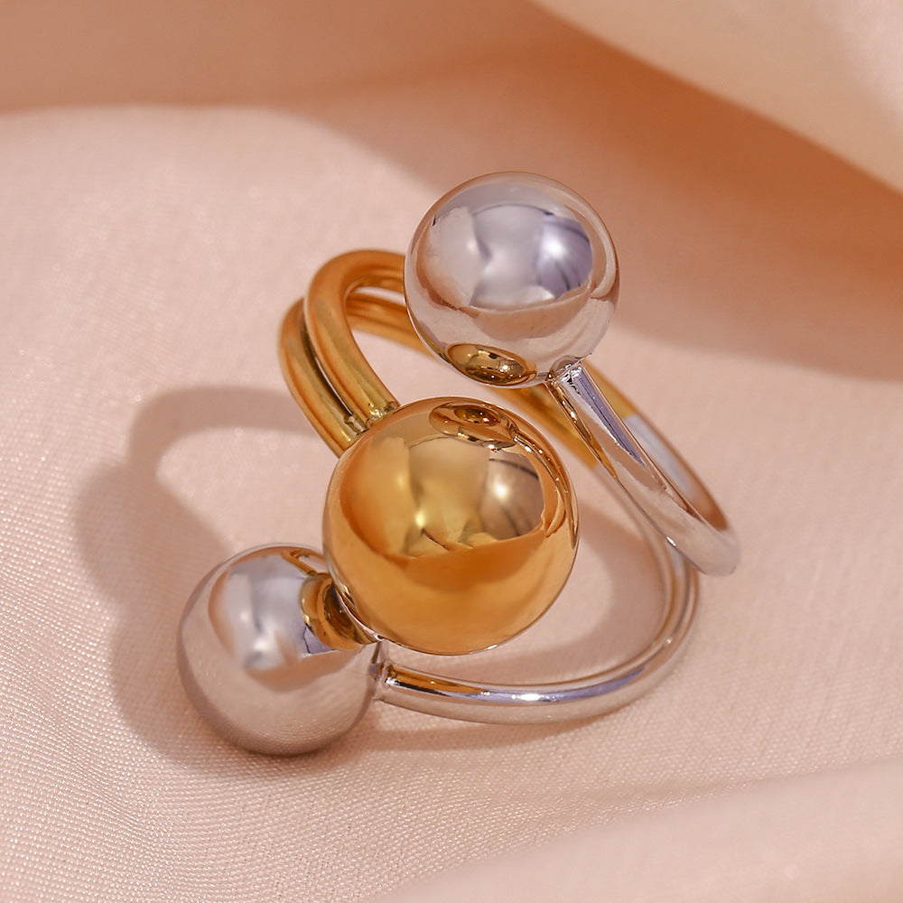 Fashionable Geometric Adjustable Three-Ball Color-Block Ring for Women in Stainless Steel with 18K Gold Plating
