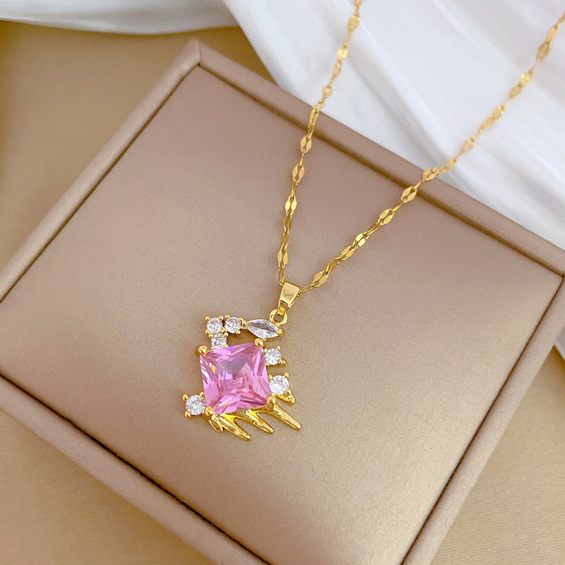Geometric Moon Pendant Necklace for Women and Men Stainless Steel Chain with Zircon Accents Luxe Minimalist Locket Style