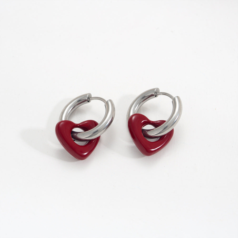 Orecchini a Cuore Minimalisti in Acciaio Inossidabile Stile Francese, con Smalto Dipinto a Mano e Placcatura in Oro 18K da Donna