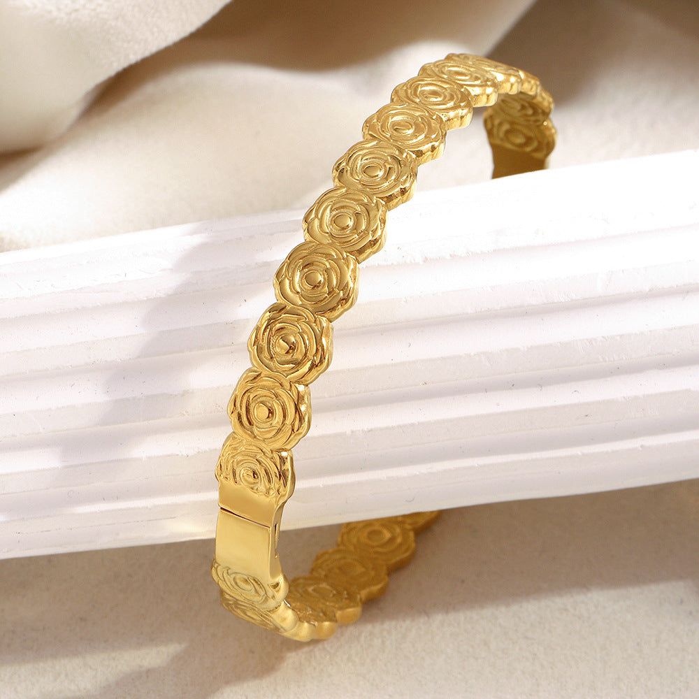 Bracciale rigido floreale da donna, placcato oro 18 carati, in acciaio inossidabile, minimalista ed elegante