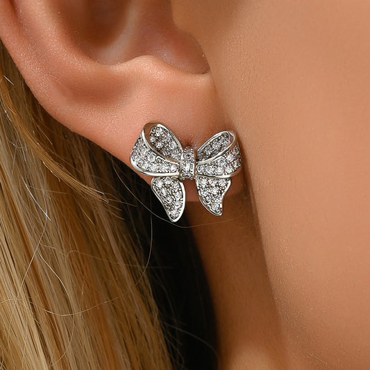Sweet Minimalist Bow Knot Shaped Copper Earrings with Zircon Inlay for Women