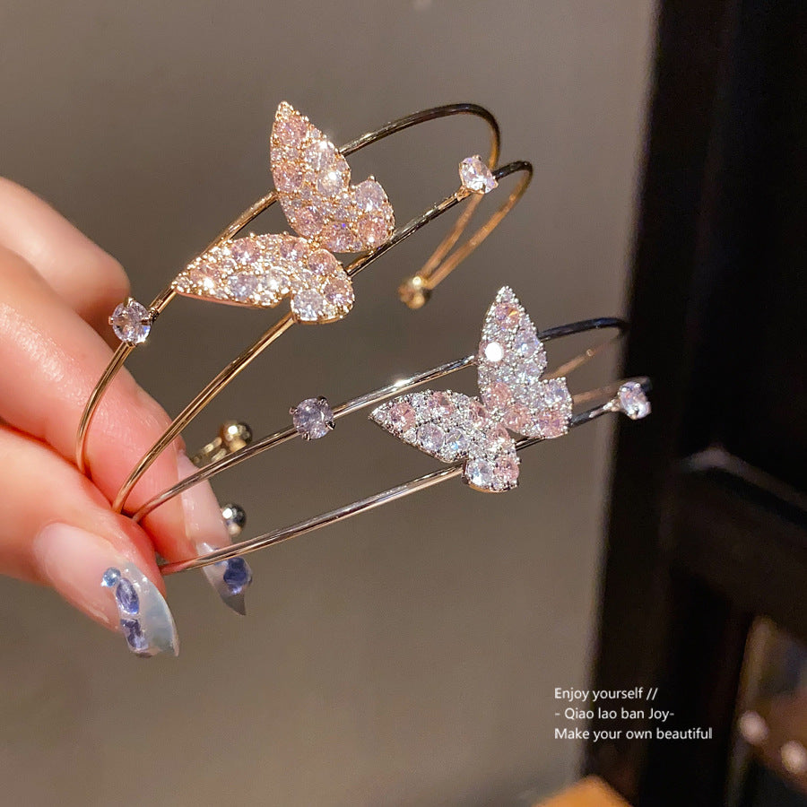Elegant Butterfly Cubic Zirconia Inlaid Brass Cuff Bracelet for Women