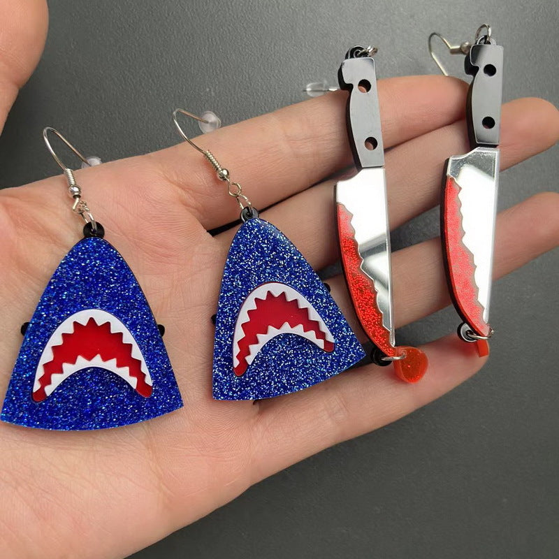 Punk Style Shark Animal Acrylic Earrings with Blue Glitter and Blood-Drop Knife Design for Halloween