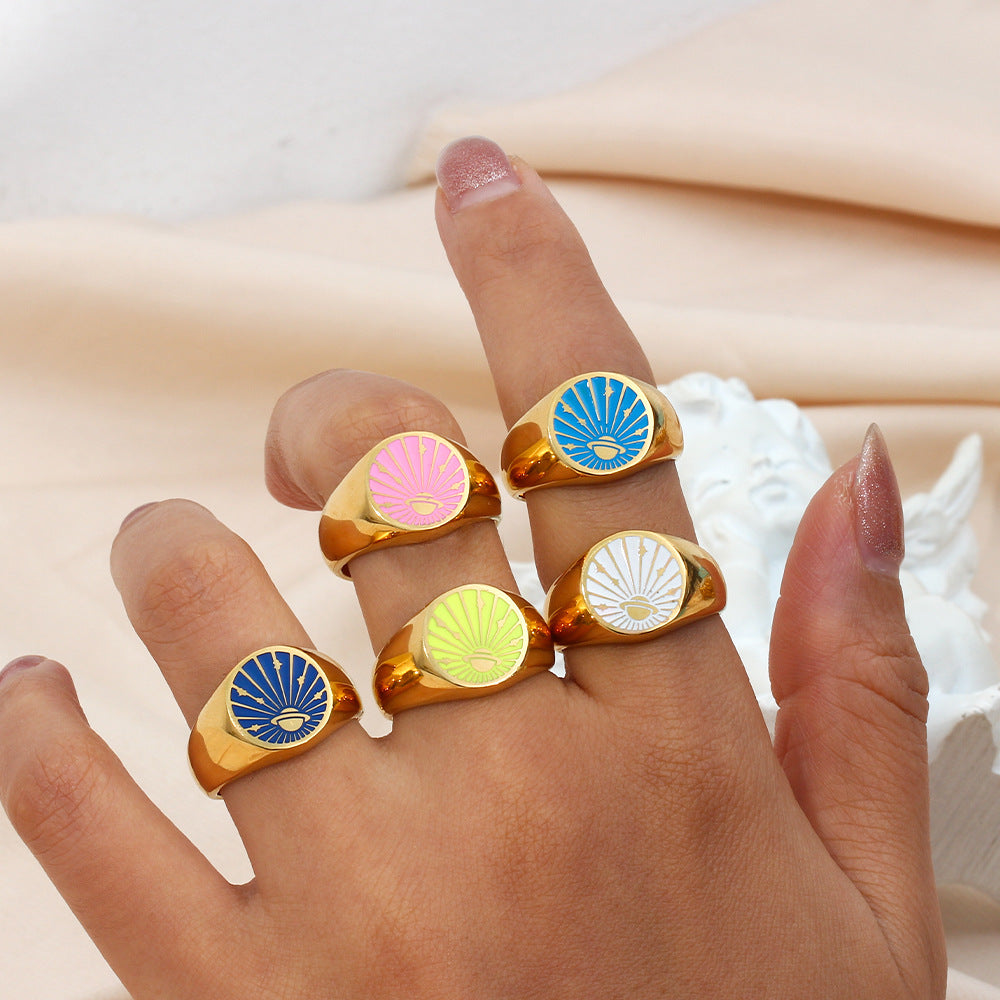 Anillo de mujer de esmalte con diseño de universo y planeta, chapado en oro de 18 quilates, de acero inoxidable geométrico, de inspiración vintage